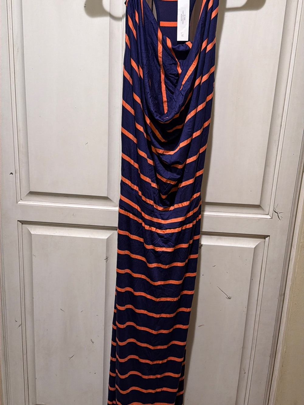 Striped Navy and Orange Cowl-Neck Maxi Dress